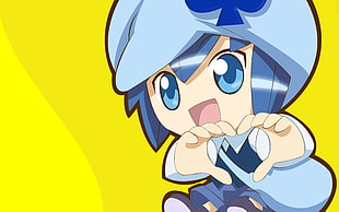 blue haired female anime character illustration